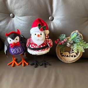 Halloween Vampire Bird, Santa Bird and a Carved wood ornament. Christmas Decor